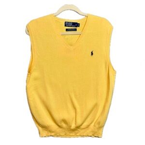 POLO Ralph Lauren Yellow V-Neck PIMA COTTON Sweater Vest Blue Pony logo- size M